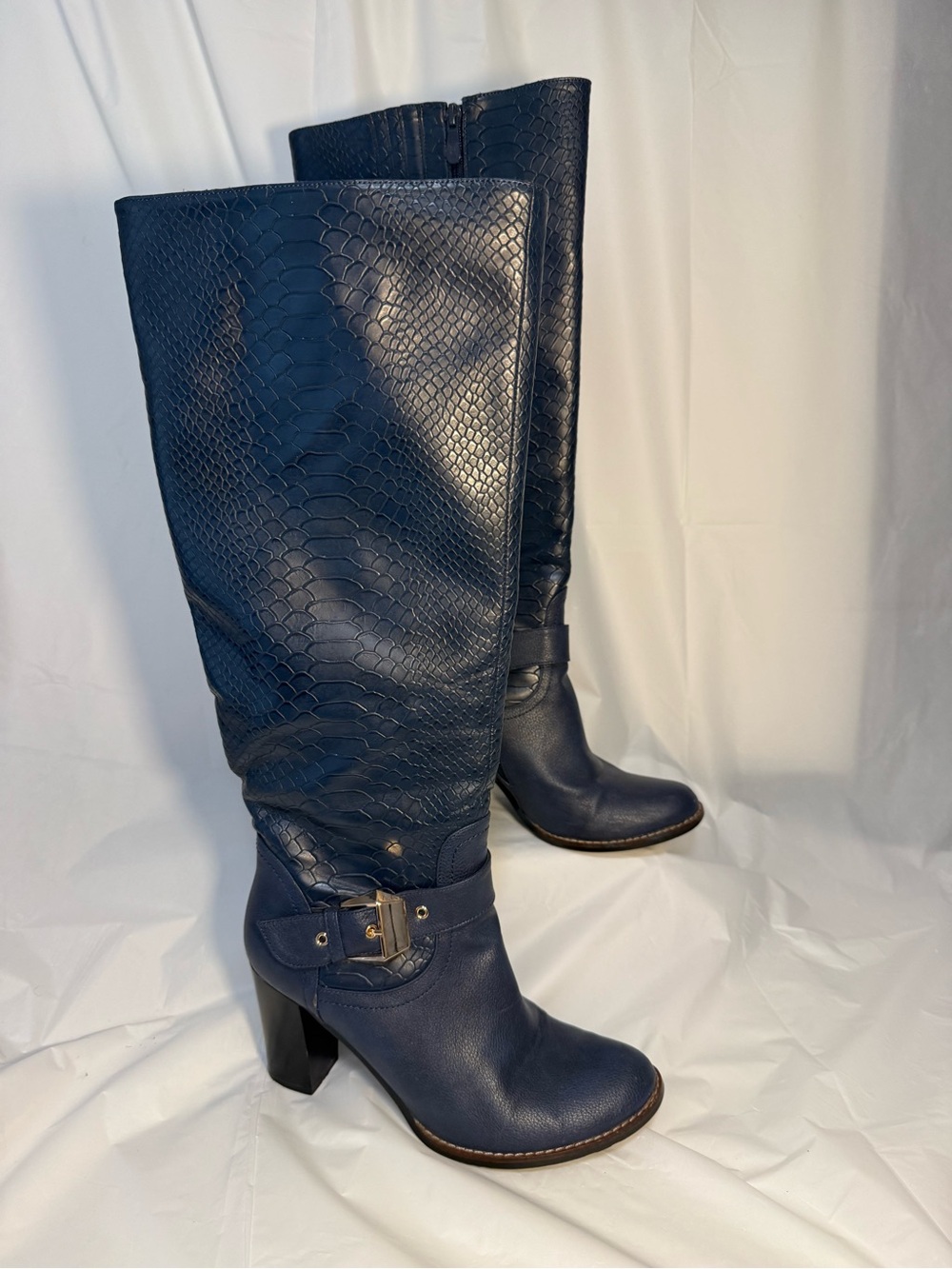 ANN CREEK Tall Navy Leather Heeled Riding Boots with Side Buckle